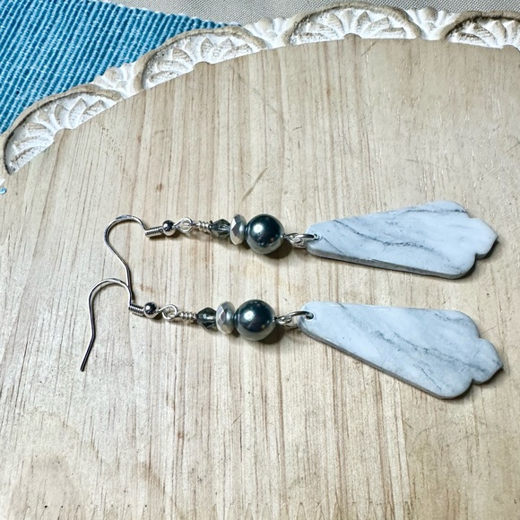 Handmade White Polymer Clay Earrings with Silver Accents - Picture 5 of 6